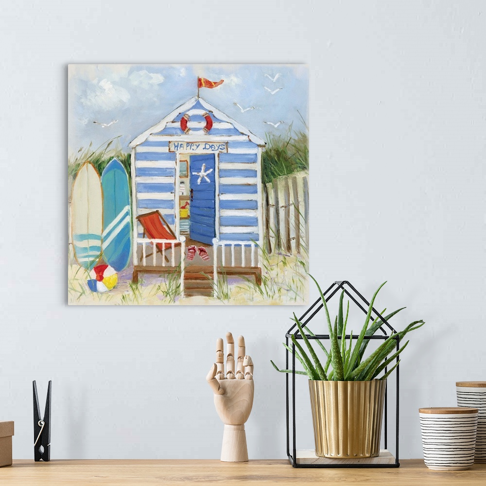 A bohemian room featuring Square painting of a blue and white striped beach hut with surf boards, a beach ball, and sandals...