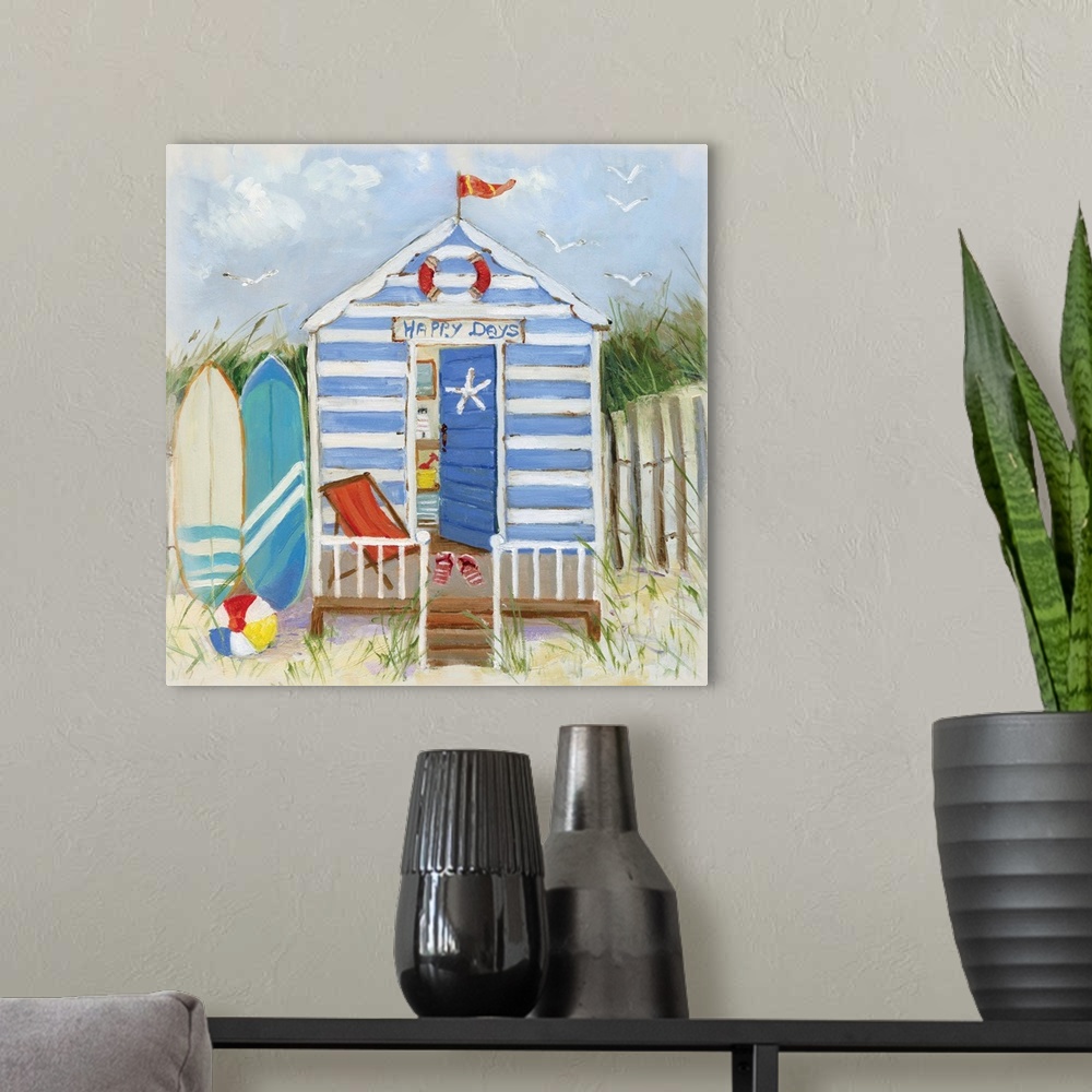 A modern room featuring Square painting of a blue and white striped beach hut with surf boards, a beach ball, and sandals...