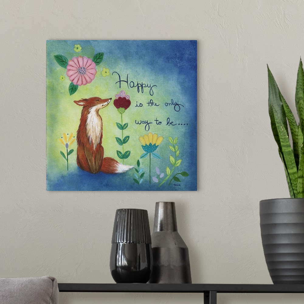 A modern room featuring This playful painting consists of a smiling fox and flowers with the words, "Happy is the only wa...