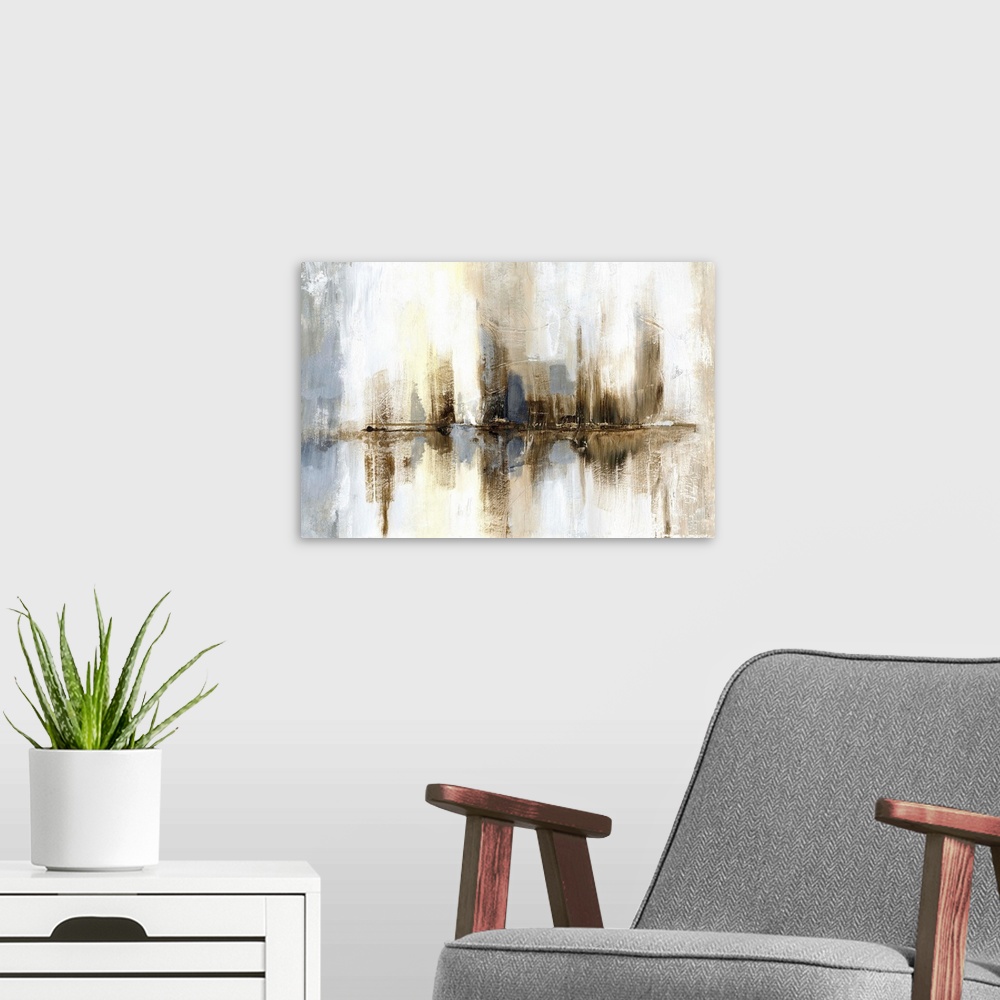 A modern room featuring Abstract painting of vertical brush strokes depicting the artist's interpretation of harbor lights.