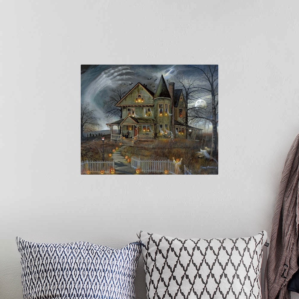 A bohemian room featuring Contemporary Halloween themed artwork of a haunted house with ghostly arms surrounding the house.