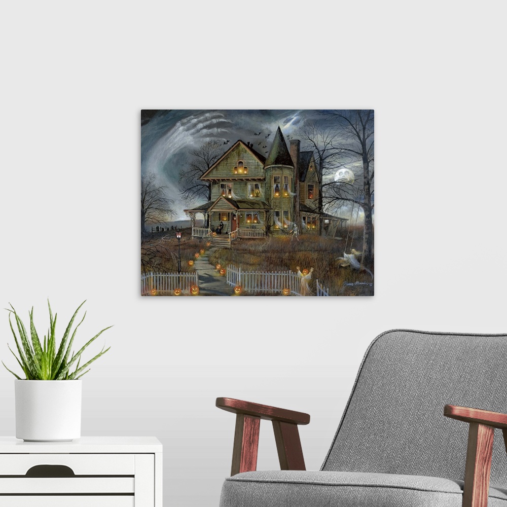 A modern room featuring Contemporary Halloween themed artwork of a haunted house with ghostly arms surrounding the house.