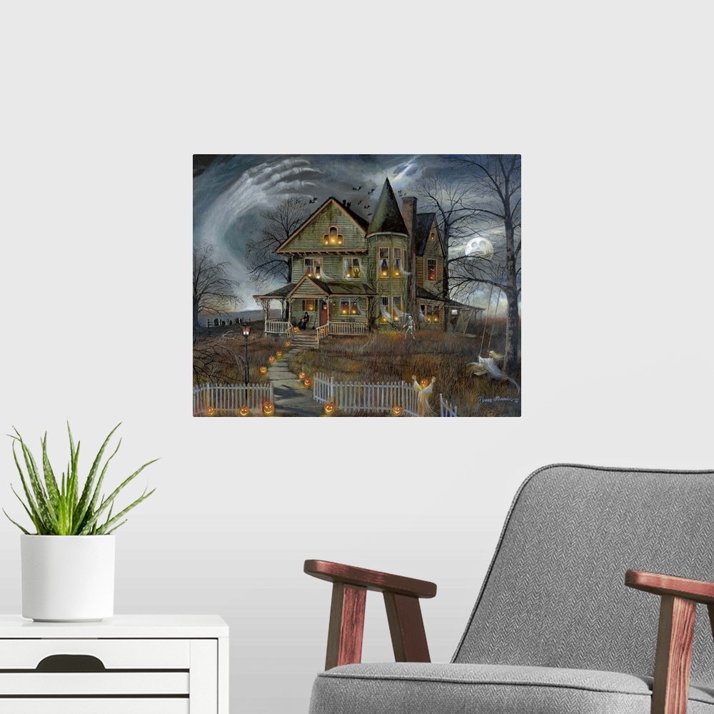 A modern room featuring Contemporary Halloween themed artwork of a haunted house with ghostly arms surrounding the house.