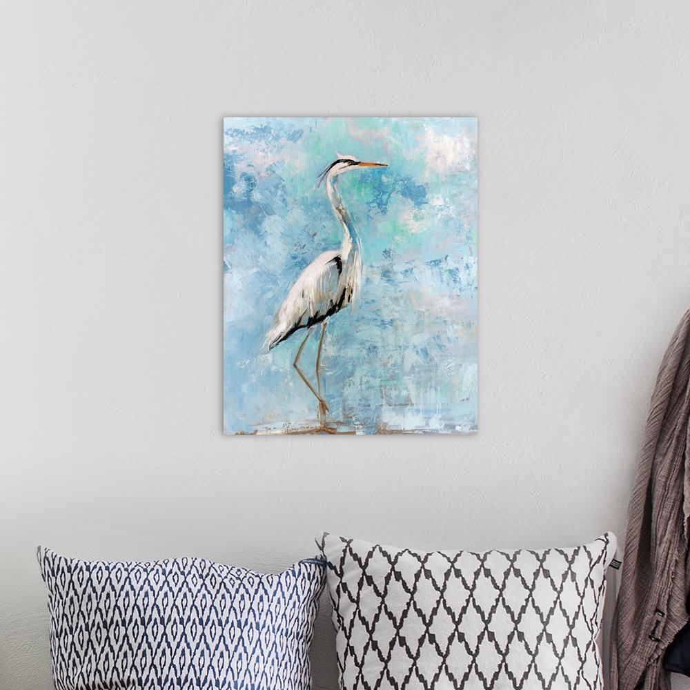 A bohemian room featuring Vertical contemporary art comprised of vigorous thick brush strokes to create a thoughtful heron.