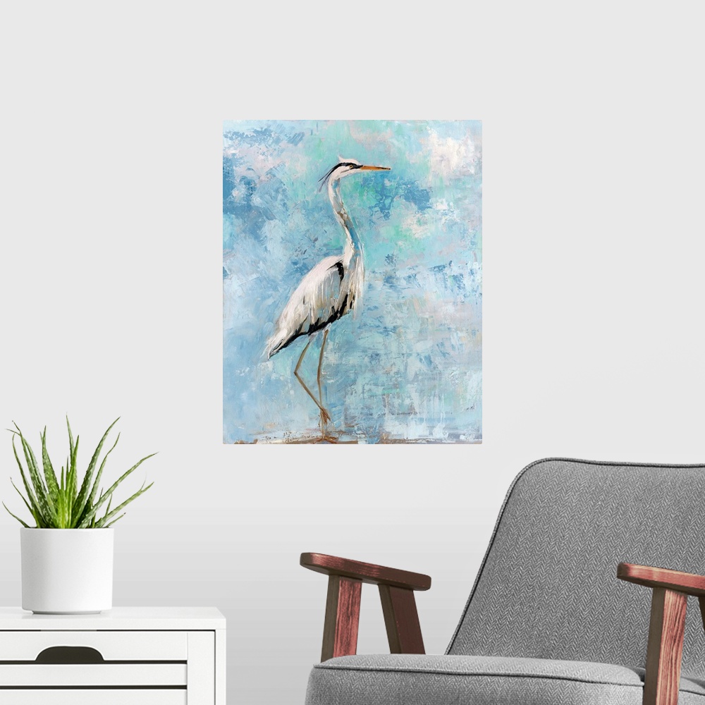 A modern room featuring Vertical contemporary art comprised of vigorous thick brush strokes to create a thoughtful heron.