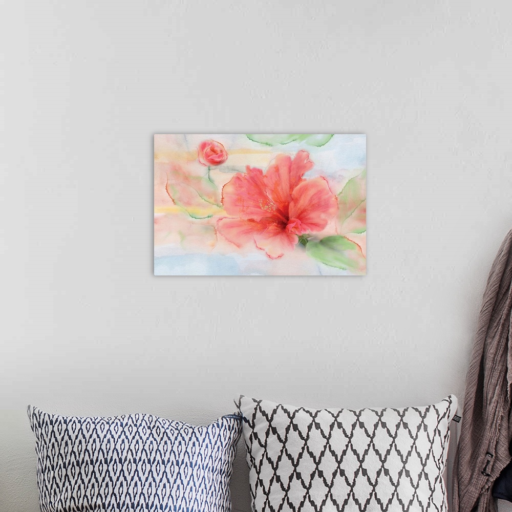 A bohemian room featuring Contemporary watercolor painting of a pink hibiscus flower with green leaves on a background that...