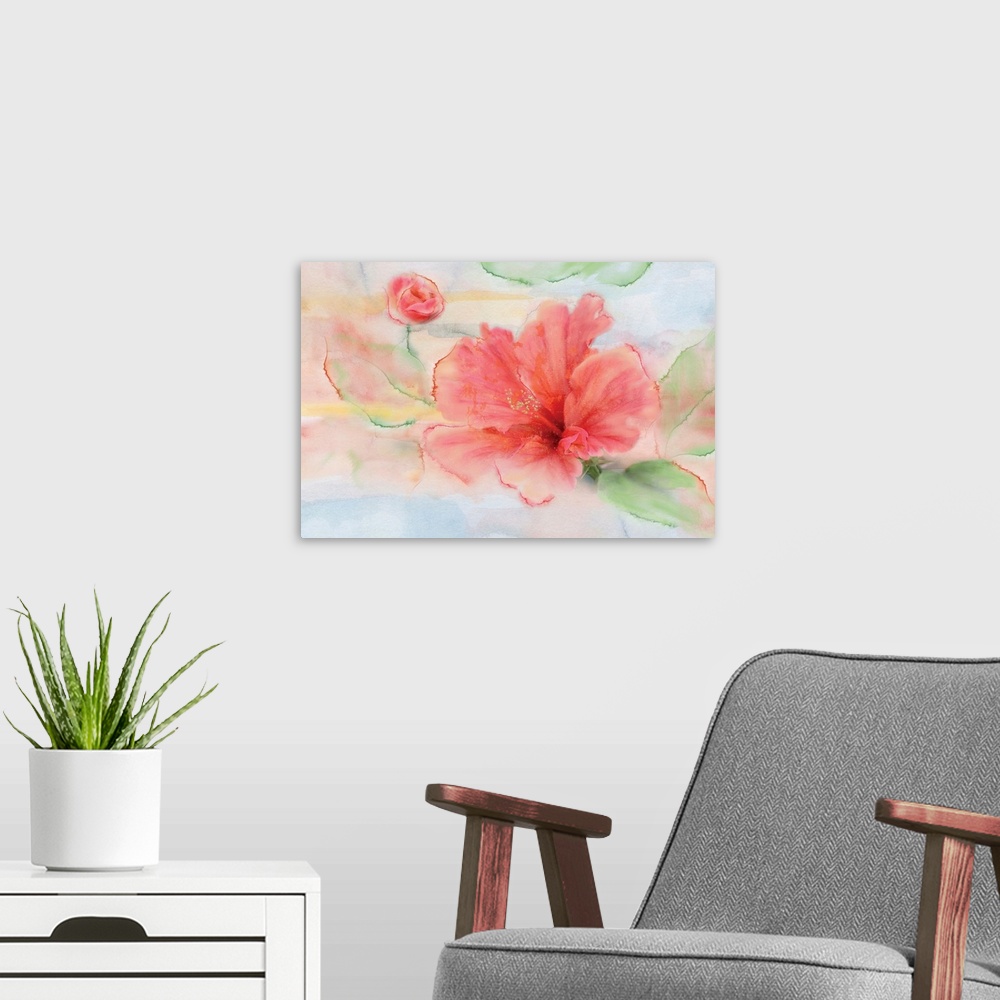 A modern room featuring Contemporary watercolor painting of a pink hibiscus flower with green leaves on a background that...