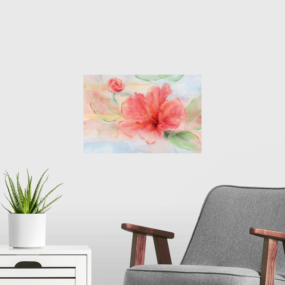 A modern room featuring Contemporary watercolor painting of a pink hibiscus flower with green leaves on a background that...