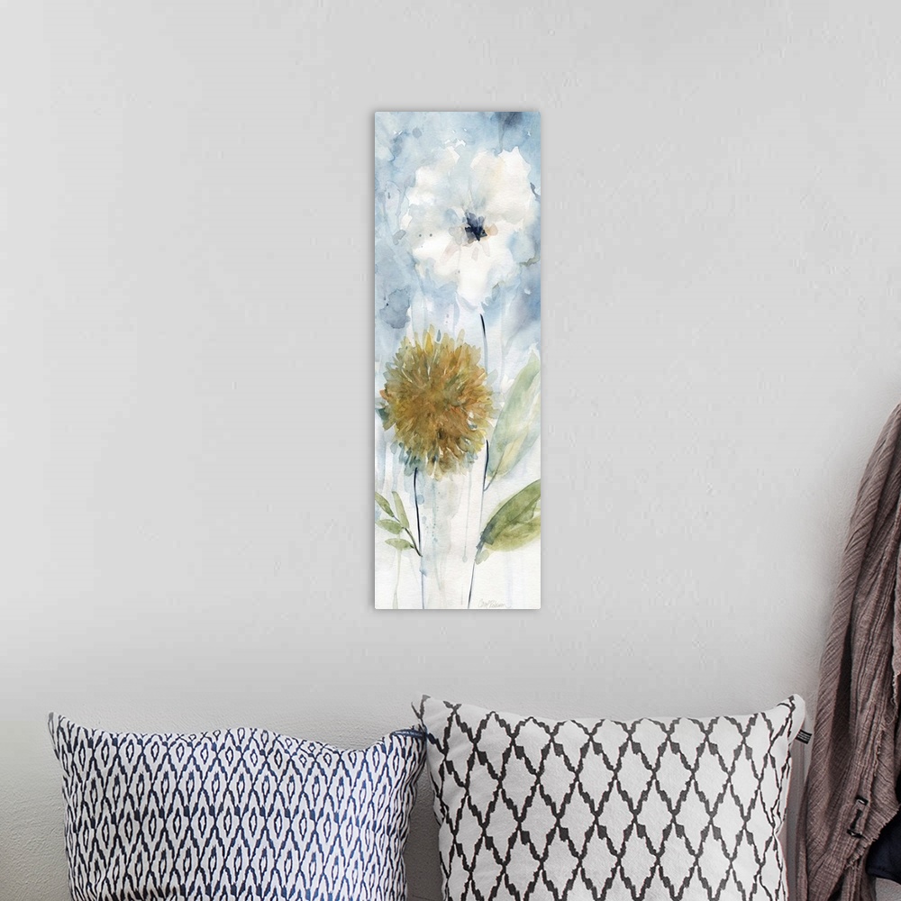 A bohemian room featuring Vertical painting of a white and a golden flower.