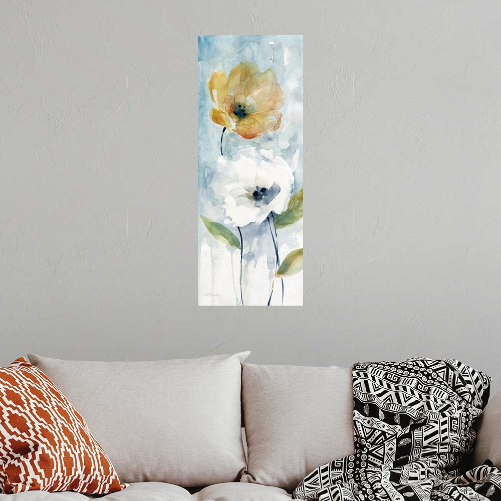 A bohemian room featuring Vertical painting of a white and a golden flower.