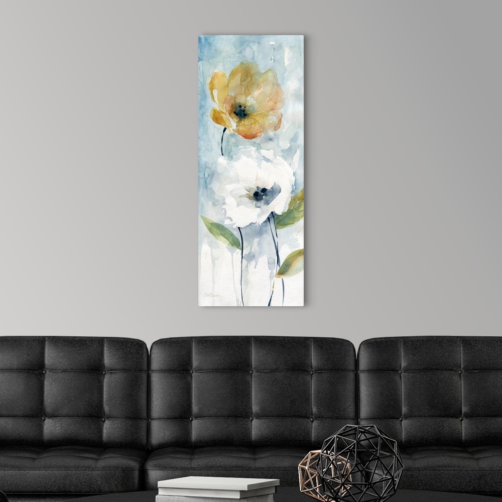 A modern room featuring Vertical painting of a white and a golden flower.