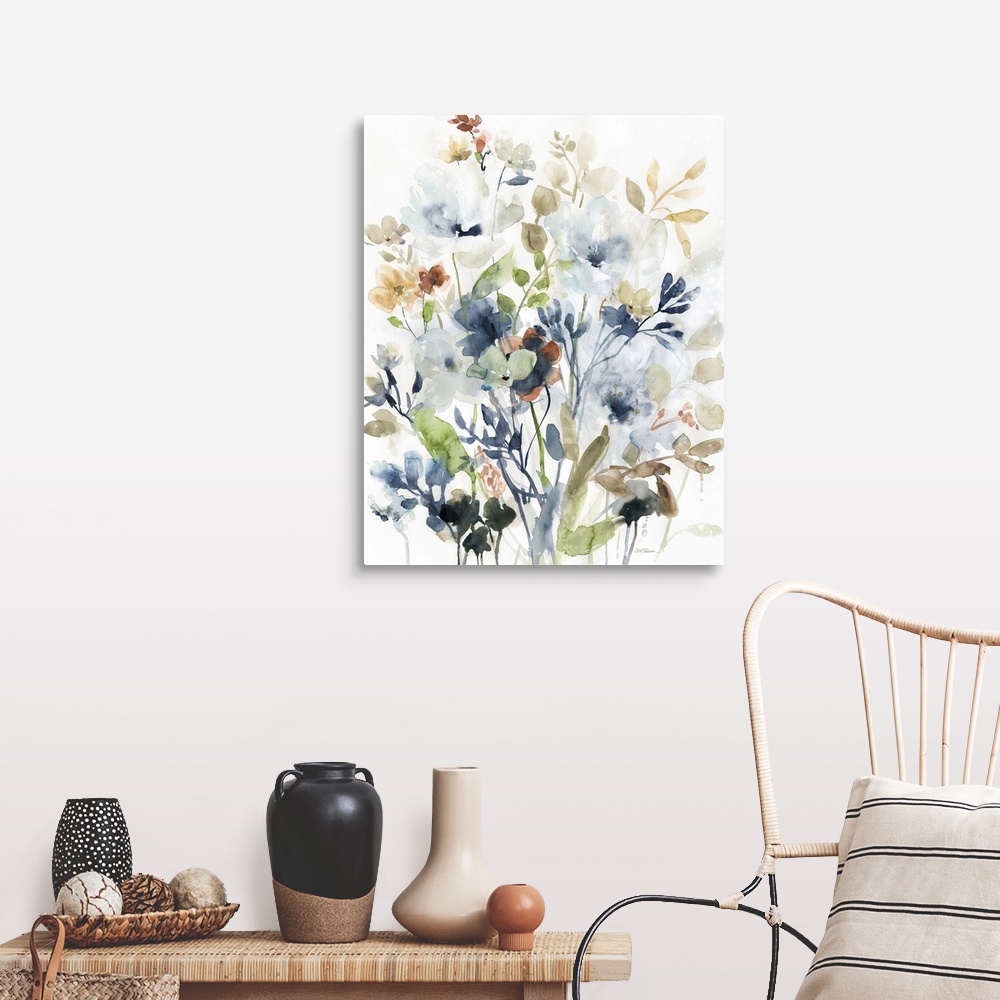 A farmhouse room featuring Watercolor painting of wildflowers in earthy colors on a white background.