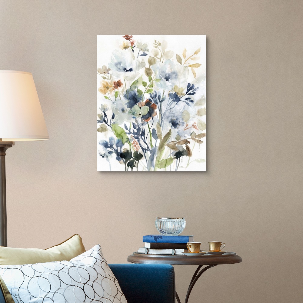 A traditional room featuring Watercolor painting of wildflowers in earthy colors on a white background.