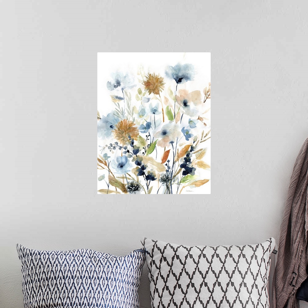 A bohemian room featuring Watercolor painting of wildflowers in earthy colors on a white background.