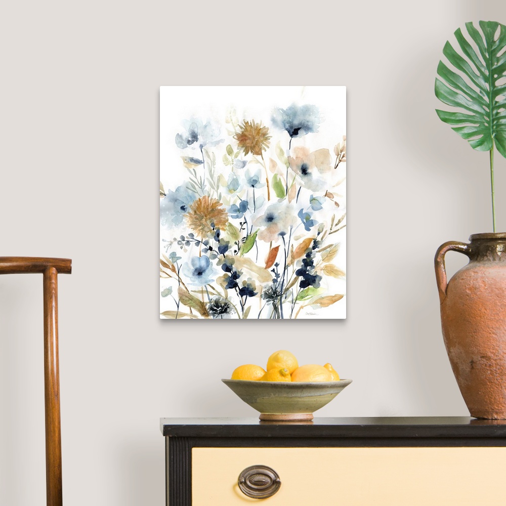 A traditional room featuring Watercolor painting of wildflowers in earthy colors on a white background.