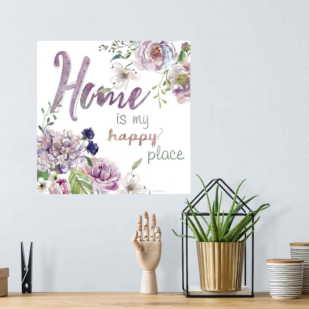 A bohemian room featuring "Home is My Happy Place" with watercolor flowers.