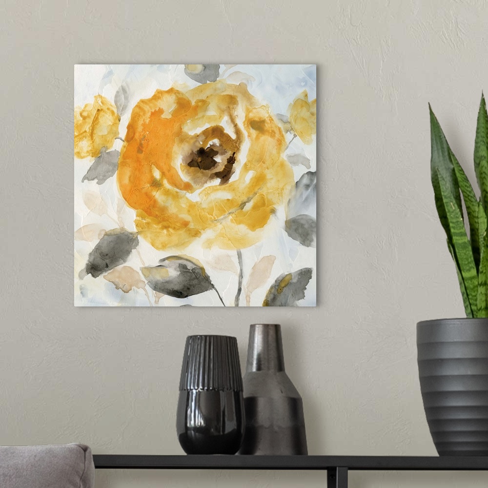 A modern room featuring Contemporary painting of a deep yellow flower with grey leaves.