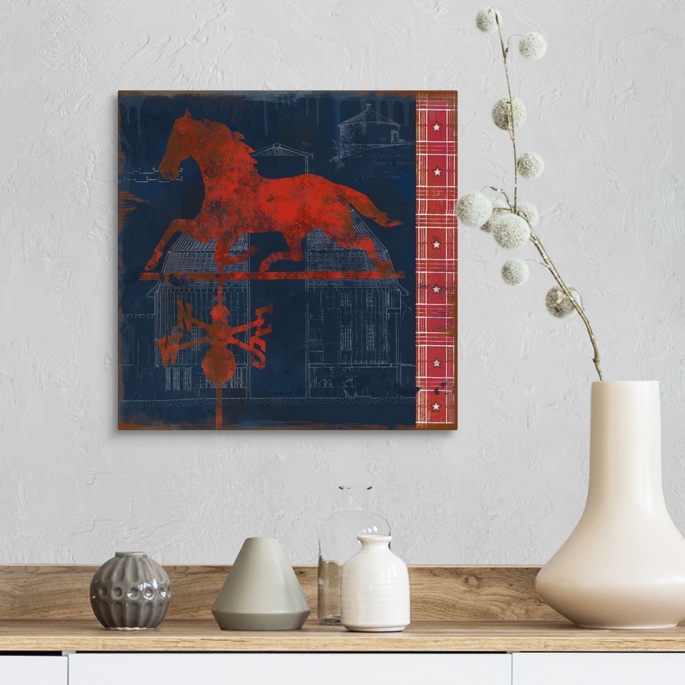A farmhouse room featuring Square red, white, and blue folk art with a red horse weather vane on top of white sketches of a ...