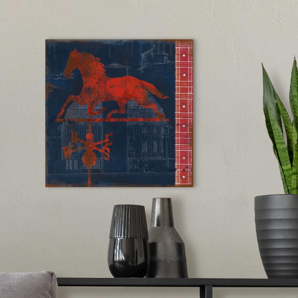 A modern room featuring Square red, white, and blue folk art with a red horse weather vane on top of white sketches of a ...