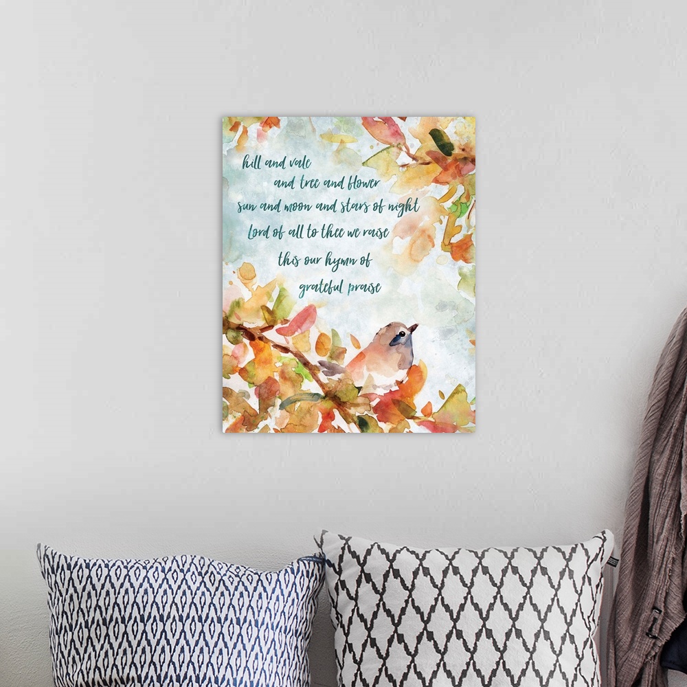 A bohemian room featuring Decorative watercolor artwork of a group of flowers and a bird with the text "Hill and Vale and T...