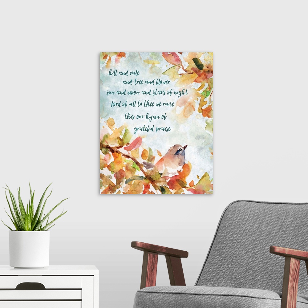 A modern room featuring Decorative watercolor artwork of a group of flowers and a bird with the text "Hill and Vale and T...