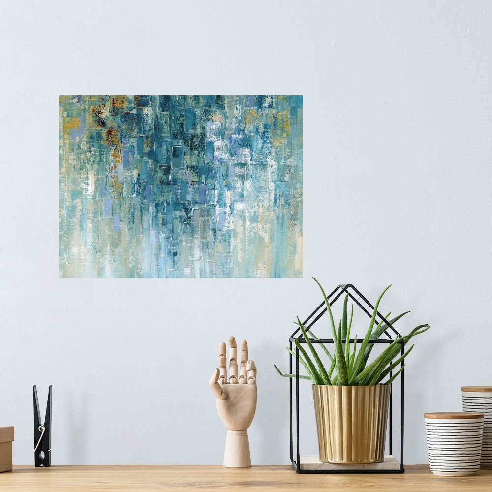 A bohemian room featuring Contemporary abstract art in cool colors with cascading shapes.