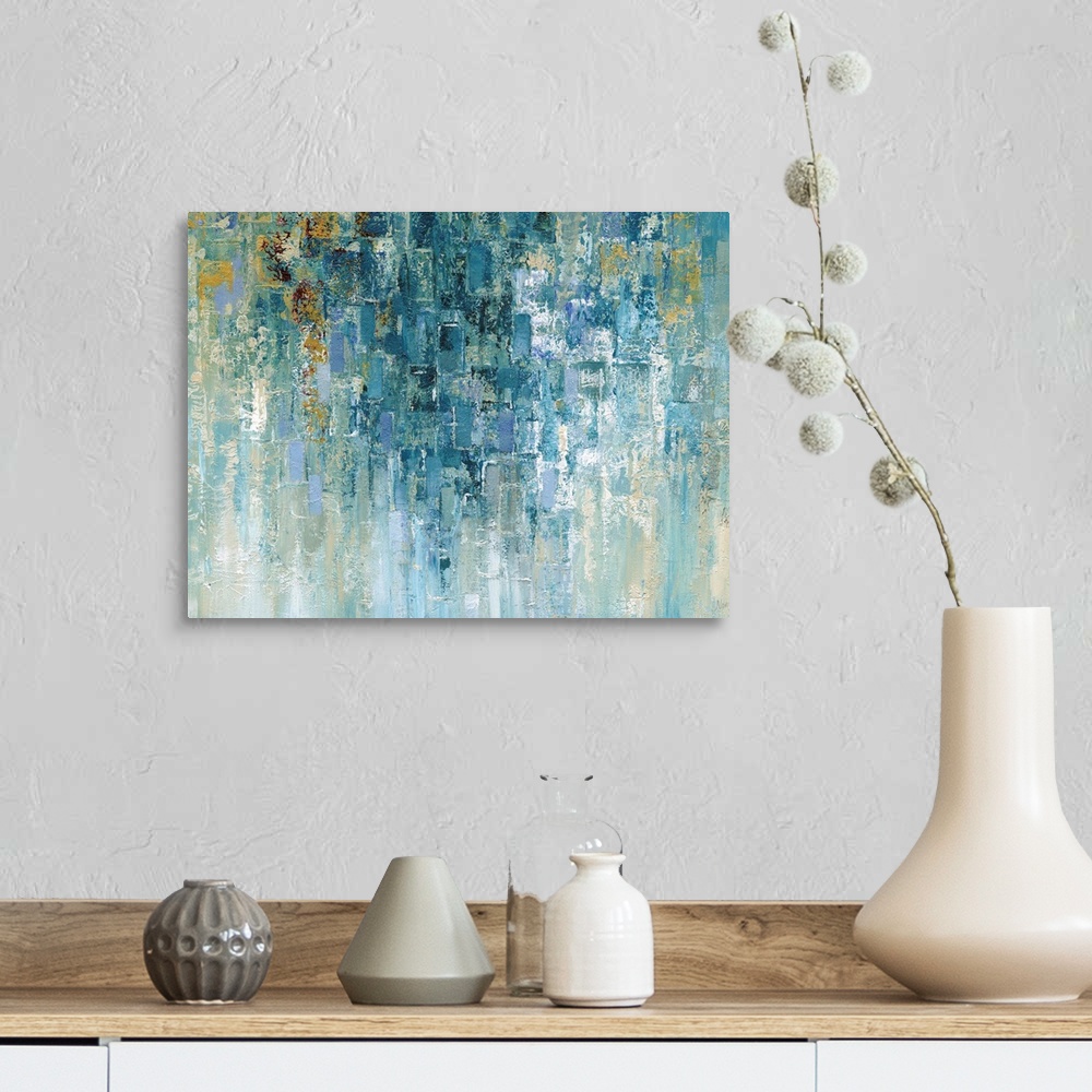 A farmhouse room featuring Contemporary abstract art in cool colors with cascading shapes.