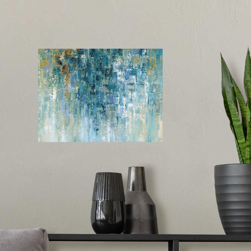 A modern room featuring Contemporary abstract art in cool colors with cascading shapes.