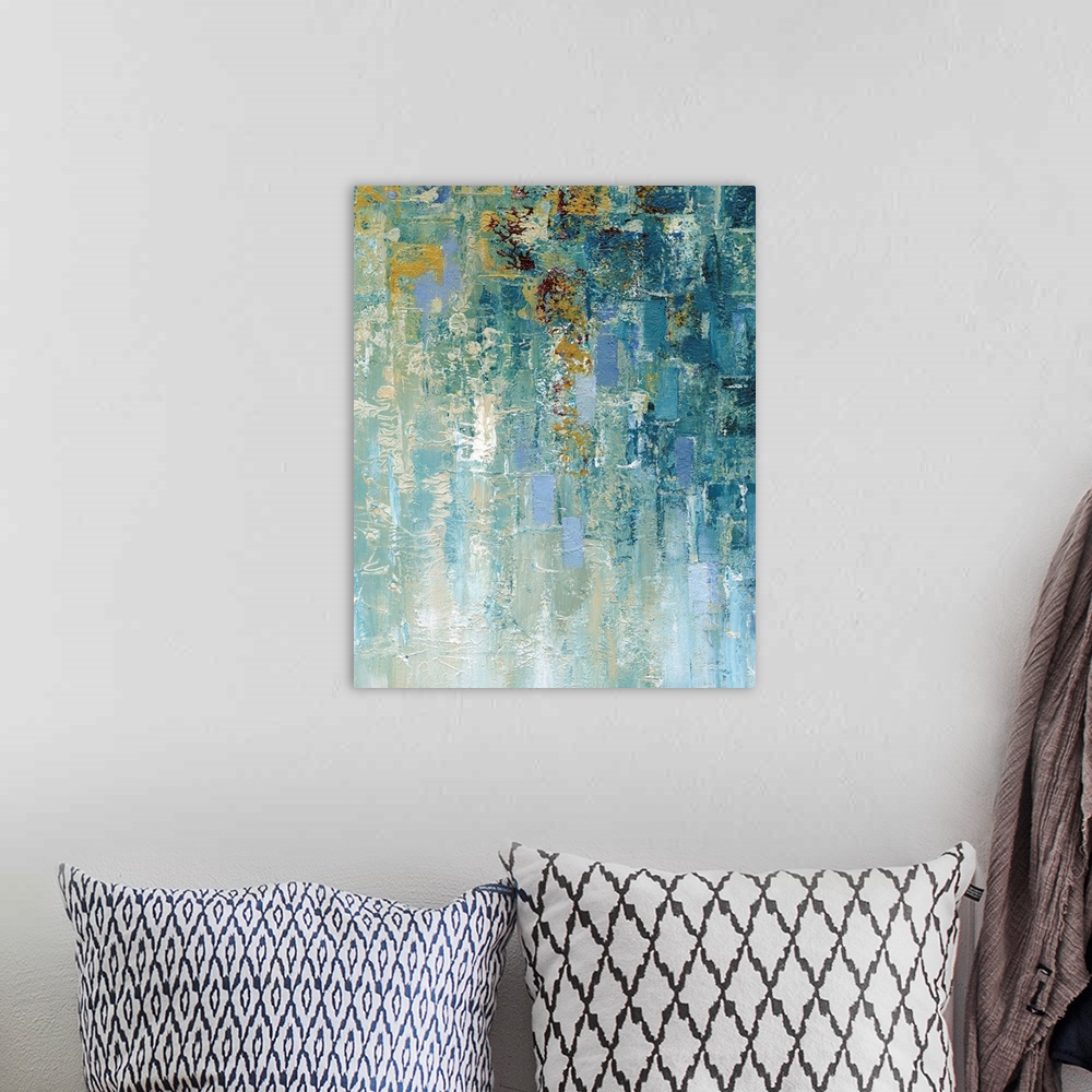 A bohemian room featuring Vertical abstract painting comprised of cascading heavy textured painted rectangles in shades of ...