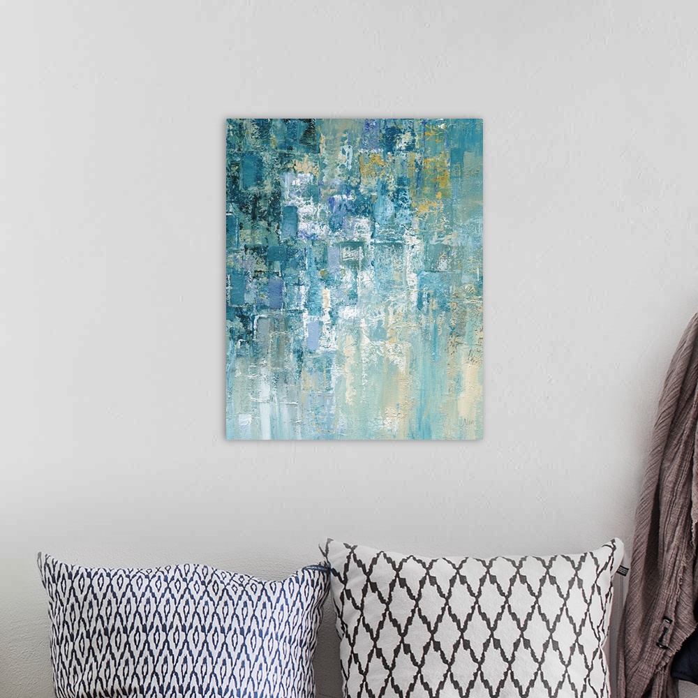 A bohemian room featuring Vertical abstract painting comprised of cascading heavy textured painted rectangles in shades of ...