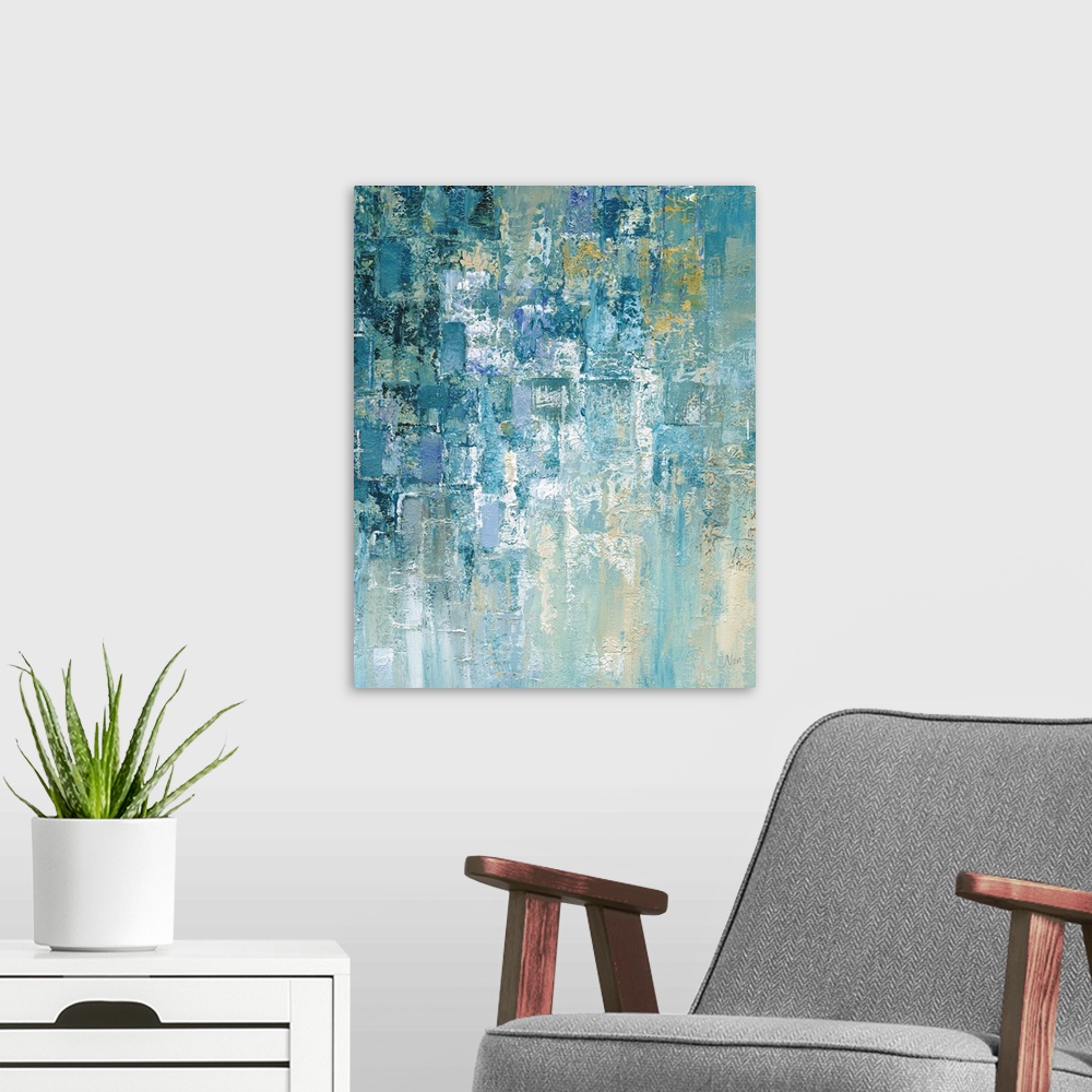 A modern room featuring Vertical abstract painting comprised of cascading heavy textured painted rectangles in shades of ...