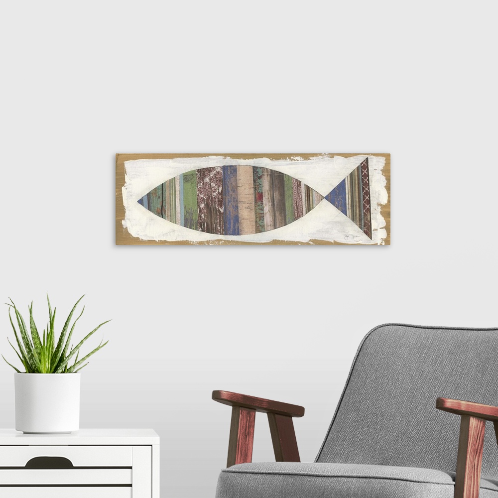 A modern room featuring A painting of a fish with patterned horizontal stripes on a white and tan background.