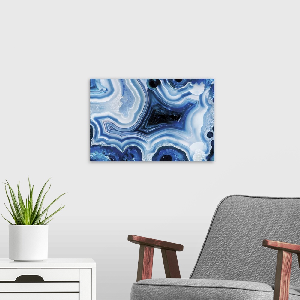 A modern room featuring Abstract art of blue agate.