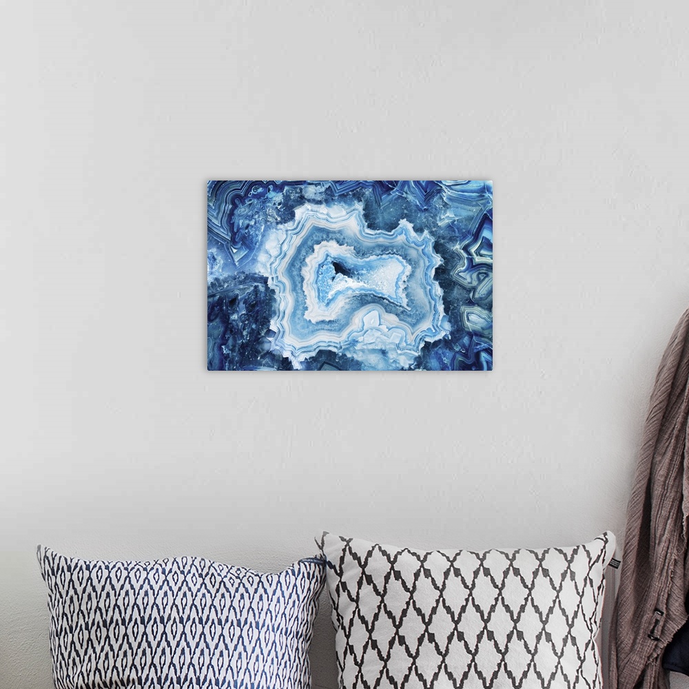 A bohemian room featuring Abstract art of blue agate.