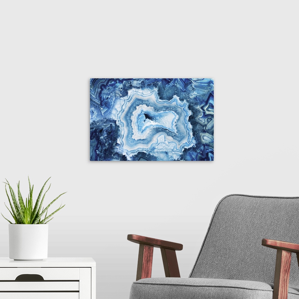 A modern room featuring Abstract art of blue agate.