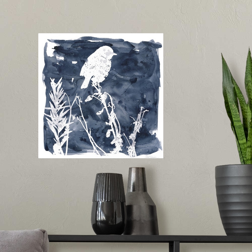 A modern room featuring Square watercolor painting of a white silhouetted bird and plants on an indigo background with a ...