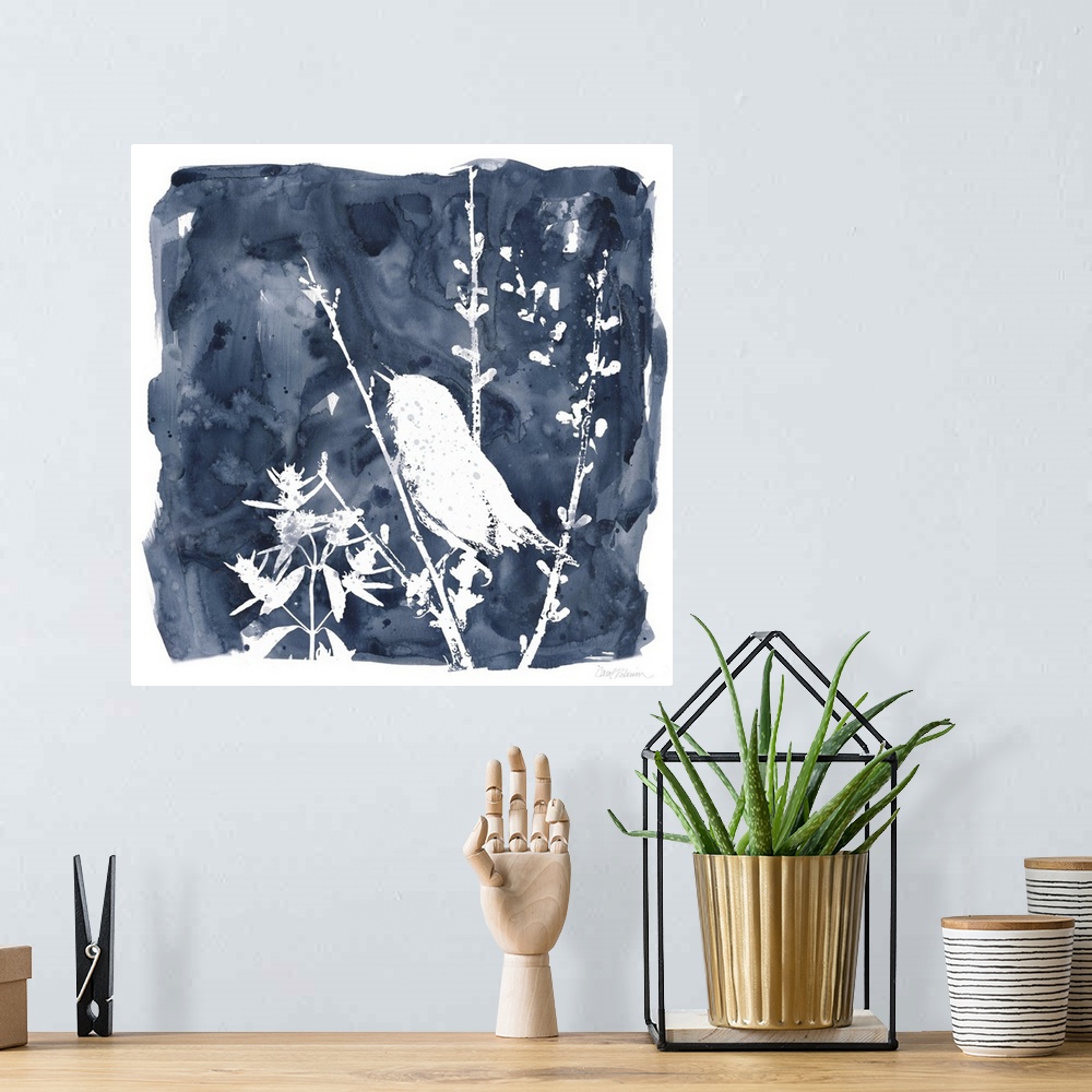 A bohemian room featuring Square watercolor painting of a white silhouetted bird and plants on an indigo background with a ...
