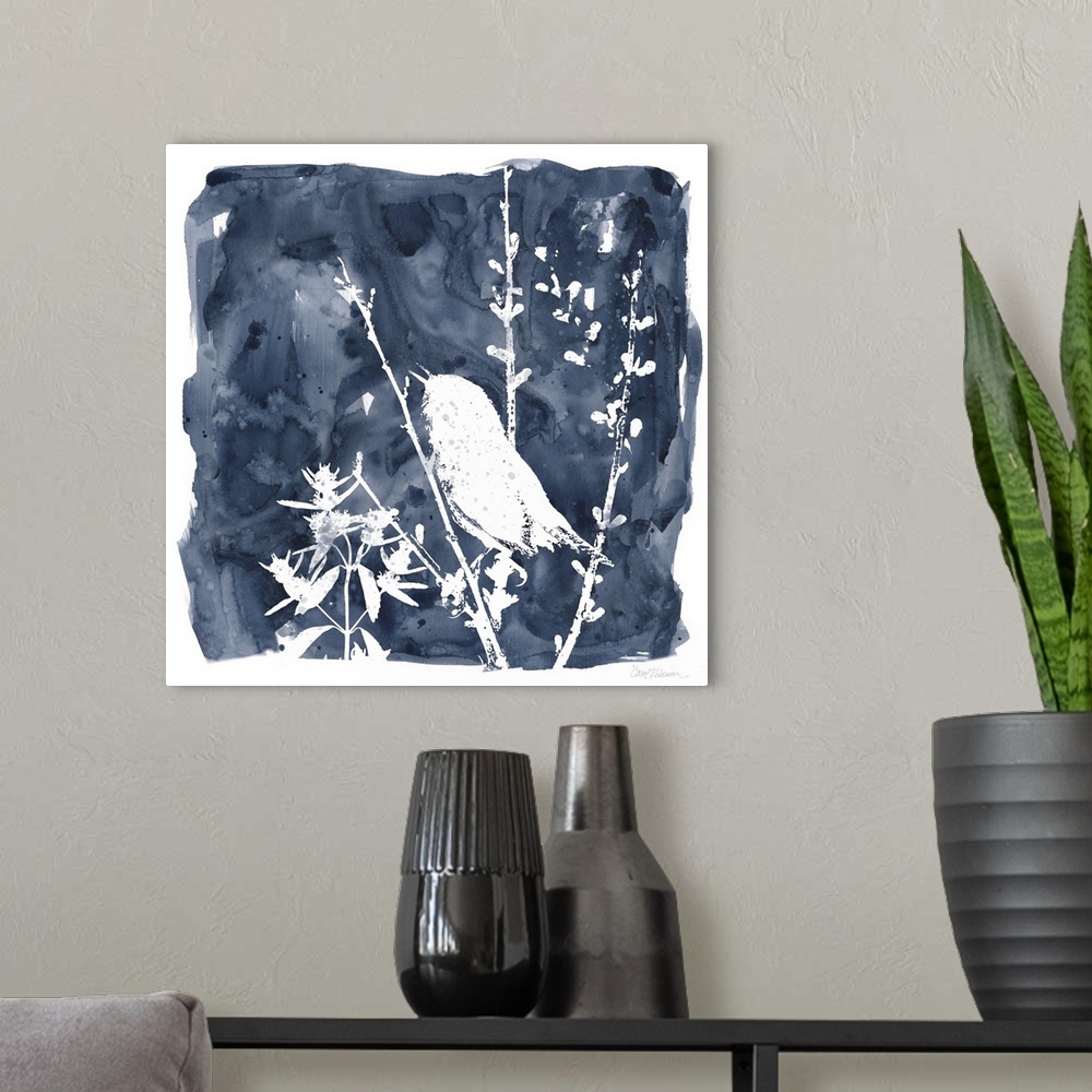 A modern room featuring Square watercolor painting of a white silhouetted bird and plants on an indigo background with a ...