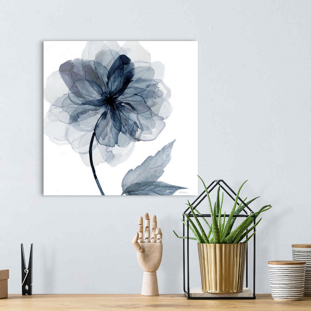 A bohemian room featuring Square watercolor painting of an indigo flower.