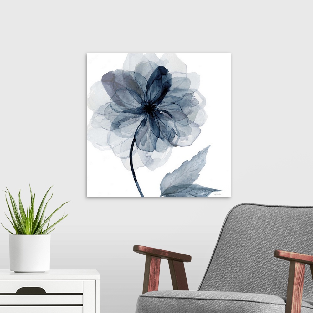 A modern room featuring Square watercolor painting of an indigo flower.