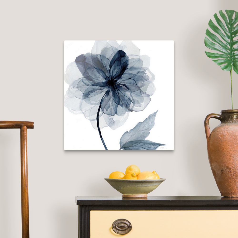 A traditional room featuring Square watercolor painting of an indigo flower.