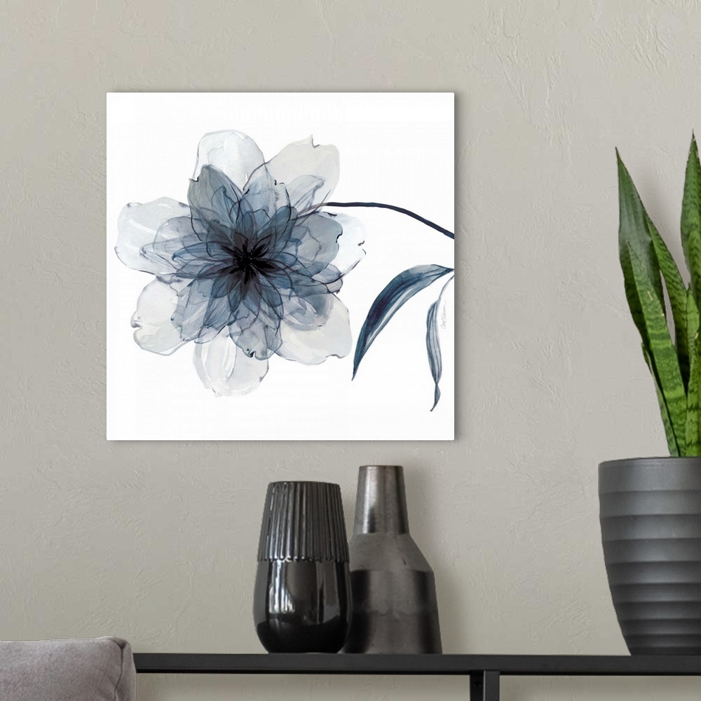 A modern room featuring Square watercolor painting of an indigo flower.