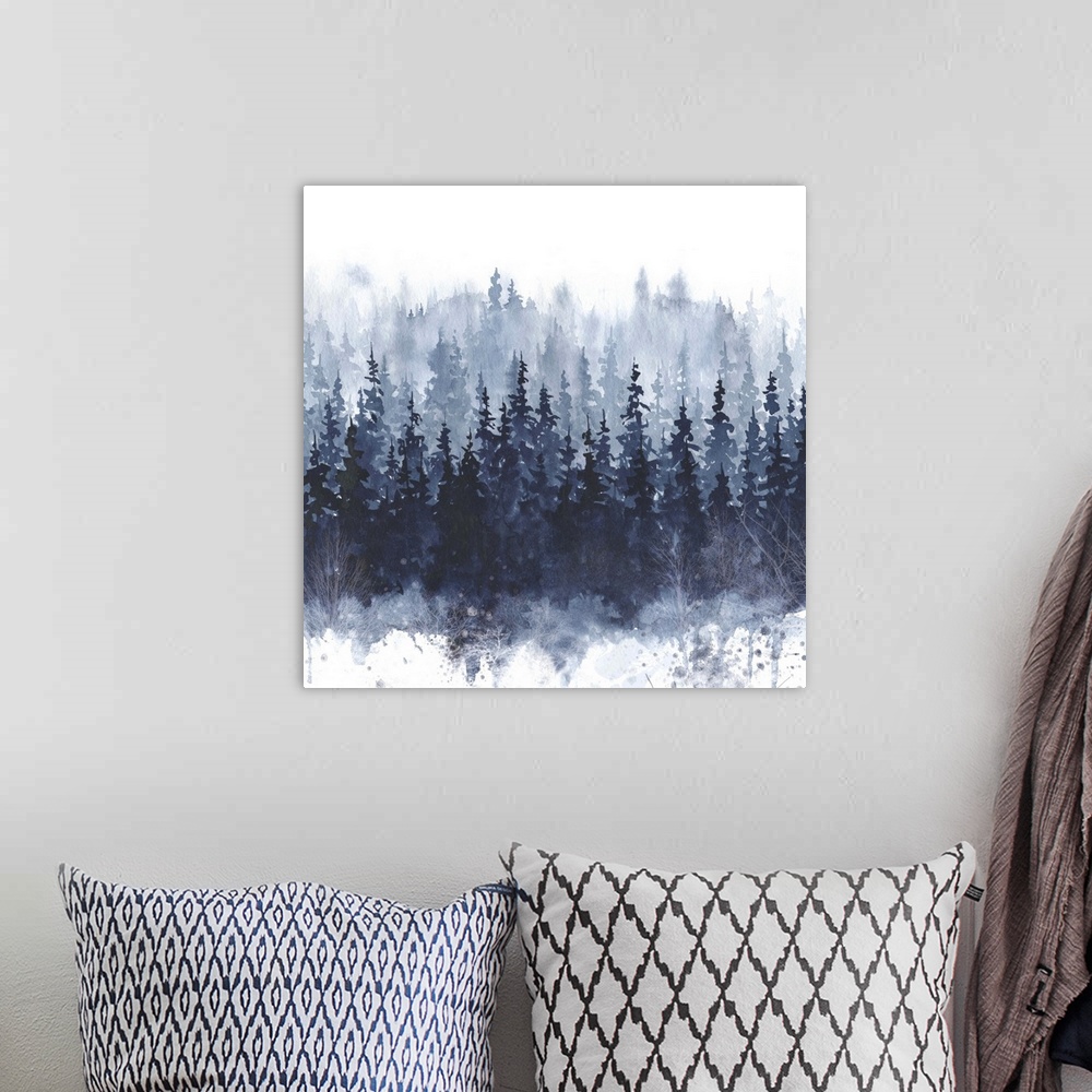 A bohemian room featuring Square watercolor painting of indigo trees with paint splatter on the bottom.
