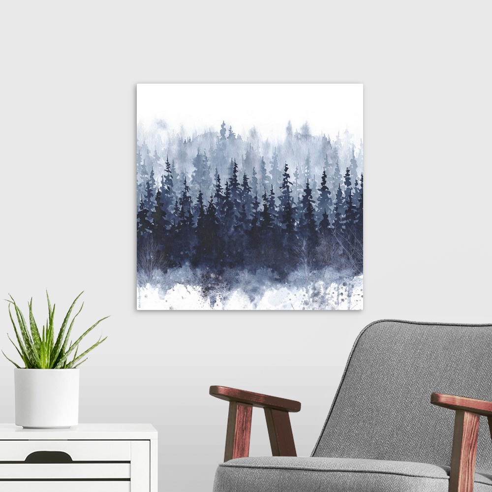 A modern room featuring Square watercolor painting of indigo trees with paint splatter on the bottom.