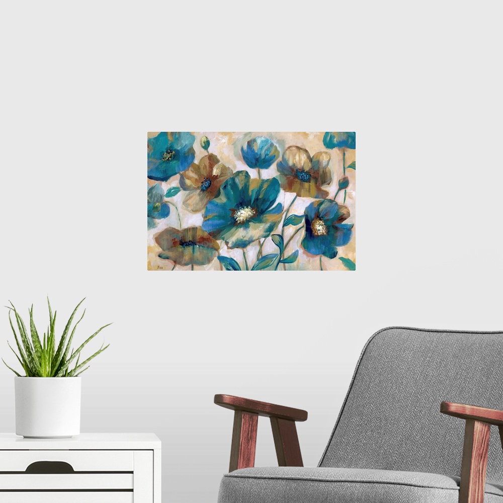 A modern room featuring Edgy brush strokes construct this bed of blue toned flowers on a light earthly toned backdrop.