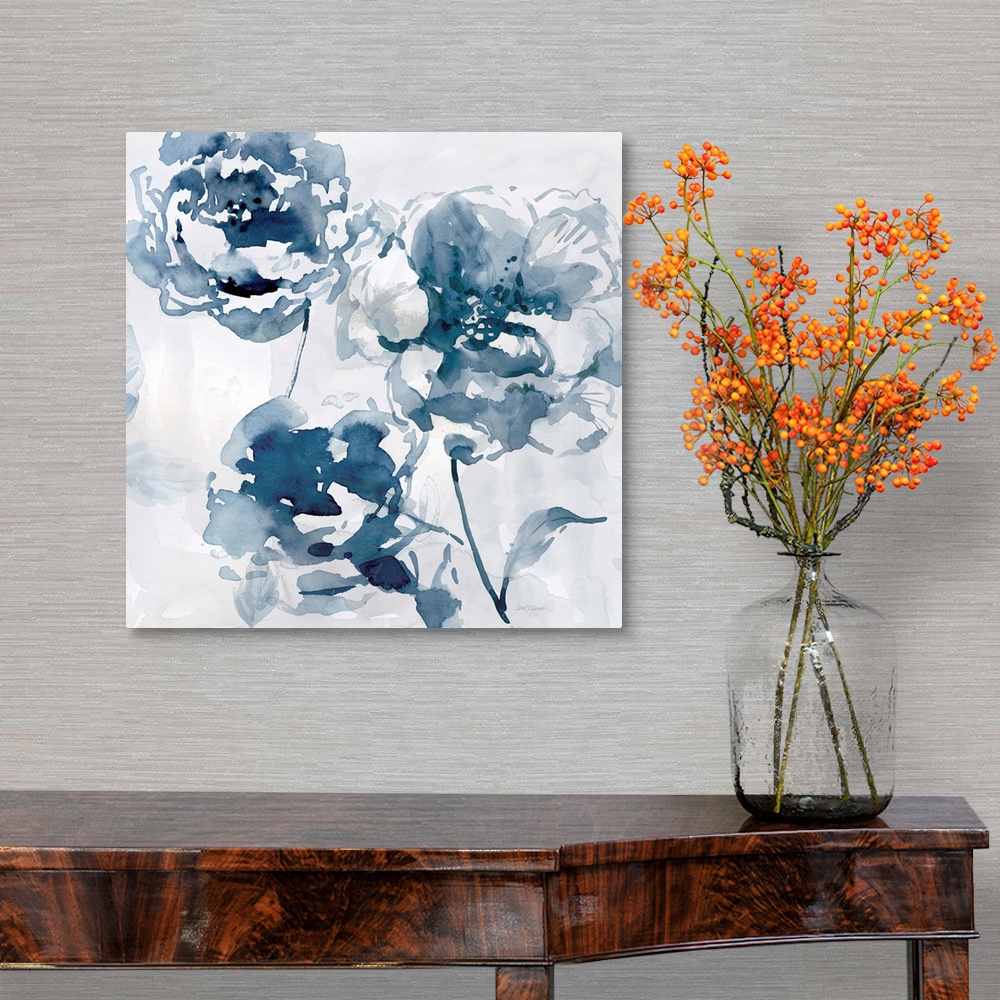 A traditional room featuring A square abstract watercolor painting of blue flowers.