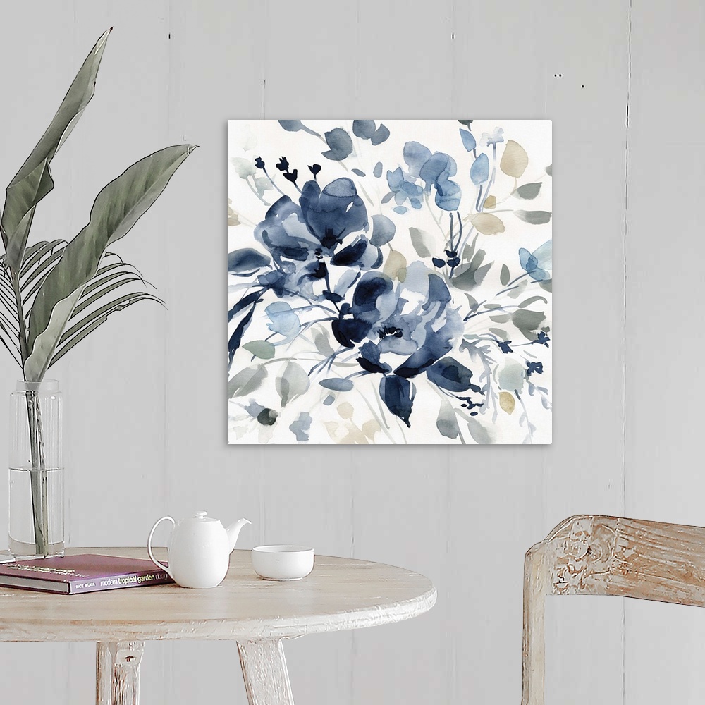 A farmhouse room featuring Square watercolor painting of flowers with indigo, gray, and tan hues.