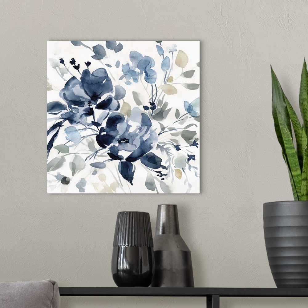A modern room featuring Square watercolor painting of flowers with indigo, gray, and tan hues.