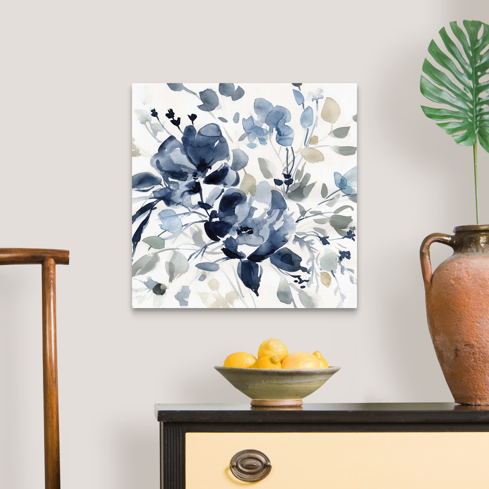 A traditional room featuring Square watercolor painting of flowers with indigo, gray, and tan hues.