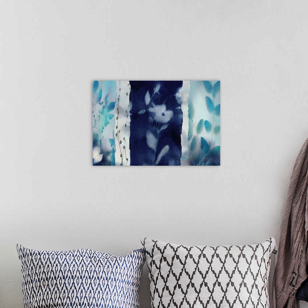 A bohemian room featuring Large abstract painting of flowers and plants in shades of blue.